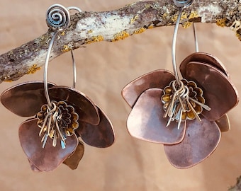 Pretty Statement Earrings Flower, Mixed Metal, Copper, Silver and Brass Big Beautiful