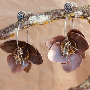 Beautiful Statement Flower Earrings, Mixed Metal Blossom Earrings, Copper Silver Brass Jewelry, Large Metal Flower Earrings, Metalsmith image 1
