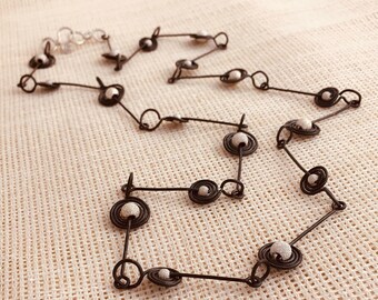Starry Necklace, Statement, Layering, Stacking, Simple, Steel Spirals & Sparkling Silver Beads, Black and White, Modern, Abstract, Minimal