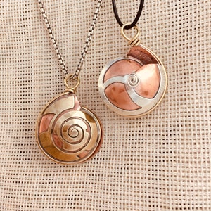 Snail Shell Pendant, Copper Brass and Silver Pendant, Bold Spiral Necklace, Beautiful Nature Statement Pendant Necklace, Mixed Metal image 1