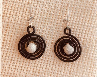 Starry Earrings, Dangling Spiral Earrings, Simple Small Spiral Earrings, Dainty Circle Spiral Earrings, Graphic Black and Silver Earrings