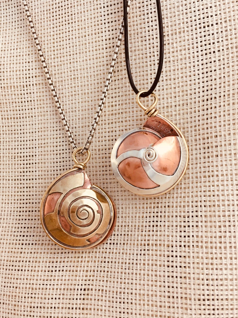 Snail Shell Pendant Copper Brass and Silver Pendant Bold image 1