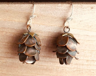 Hemlock PineCone Earrings, Handmade Copper Pine Cone Earrings, Realistic Pine Cone Jewelry, Rustic Earrings, Nature Inspired Earrings