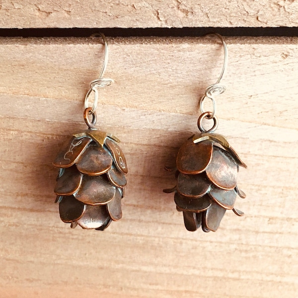 Hemlock PineCone Earrings, Handmade Copper Pine Cone Earrings, Realistic Pine Cone Jewelry, Rustic Earrings, Nature Inspired Earrings