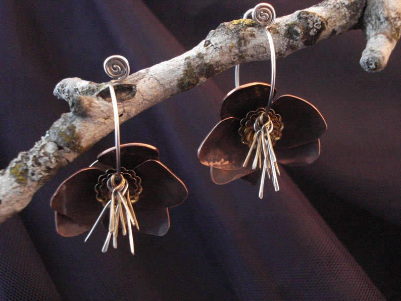 Hellebore Flower Earrings Mixed Metal Copper Silver and image 1