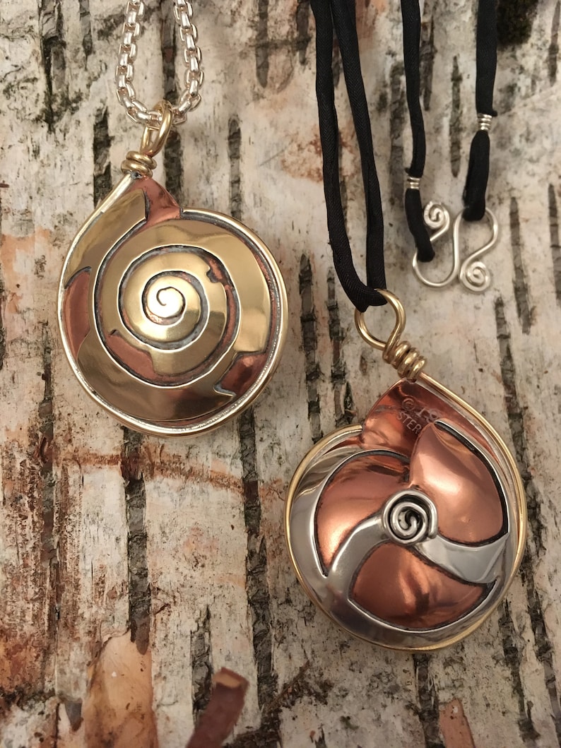 Snail Shell Pendant, Copper Brass and Silver Pendant, Bold Spiral Necklace, Beautiful Nature Statement Pendant Necklace, Mixed Metal image 2