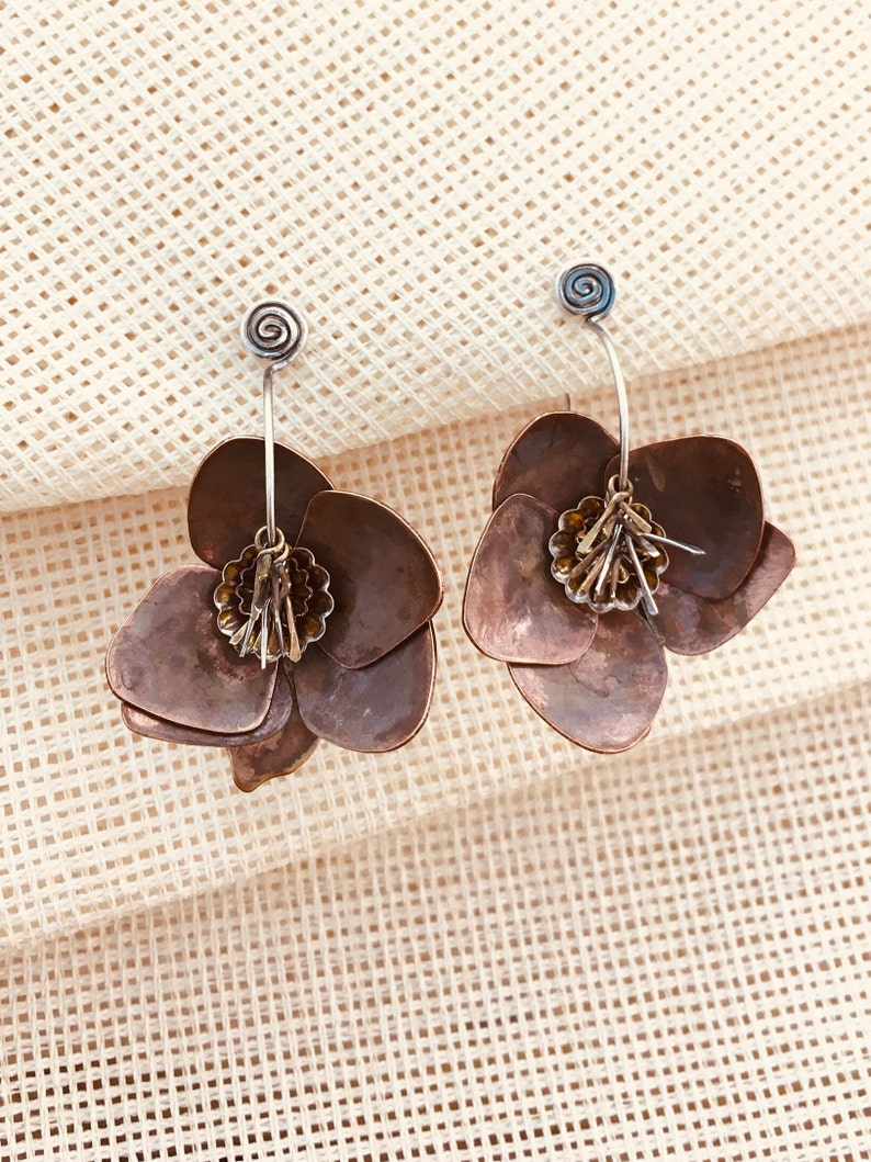 Beautiful Statement Flower Earrings, Mixed Metal Blossom Earrings, Copper Silver Brass Jewelry, Large Metal Flower Earrings, Metalsmith image 4