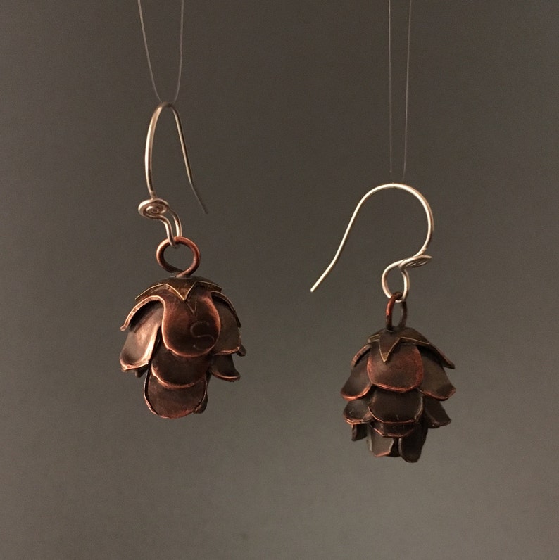 Pine Cone Earrings copper or silver with a hand twisted and image 1
