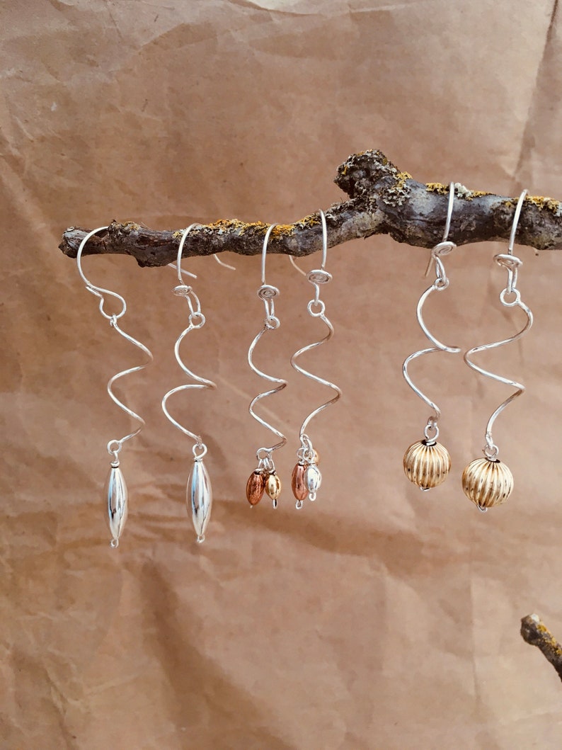 Seed Earrings dangly spiral silver and gold and copper image 1