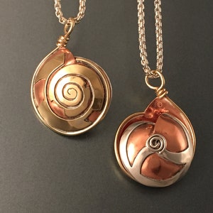 Snail Shell Pendant, Copper Brass and Silver Pendant, Bold Spiral Necklace, Beautiful Nature Statement Pendant Necklace, Mixed Metal image 3