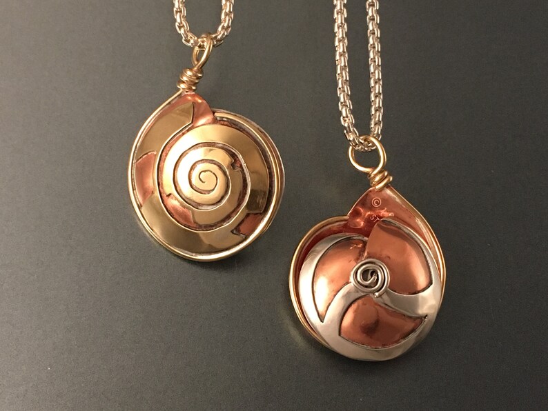 Snail Shell Pendant, Copper Brass and Silver Pendant, Bold Spiral Necklace, Beautiful Nature Statement Pendant Necklace, Mixed Metal image 3