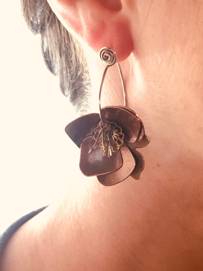 Beautiful Statement Flower Earrings, Mixed Metal Blossom Earrings, Copper Silver Brass Jewelry, Large Metal Flower Earrings, Metalsmith image 8