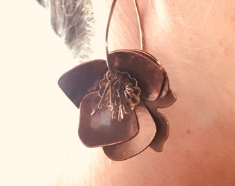 Flower Metalsmith Earrings, Mixed Metal Floral Jewelry, Copper Silver Brass Handcrafted Flower Earrings, Handmade Nature Inspired Earrings,