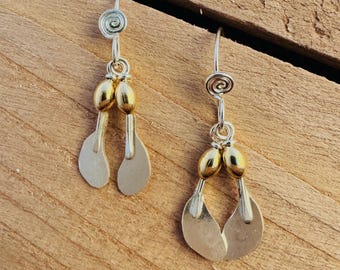 Maple Seed Earrings: Handmade Nature Jewelry, Mixed Metal Dangly Earrings.