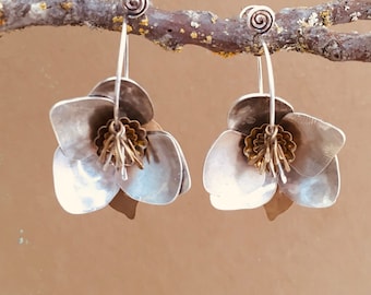 Hellebore Flower Earrings, Copper Silver Brass Large Handmade Floral Earrings, Mom Earrings, Gift for Gardener, Beautiful Botanical Jewelry