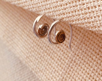 Small Spiral Earrings: Silver and Brass Earrings, Mixed Metal Hoops, Artisan Circle Jewelry.