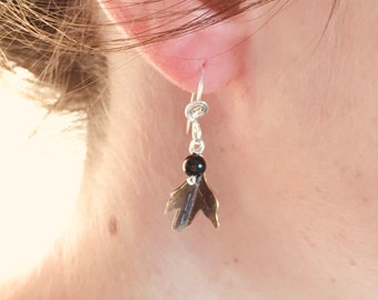 Small Natural Leaf Earrings, Oxidized Brass Silver Earrings, Hawthorne Leaves with Carnelian or Onyx, Neutral Color Earrings, Simple Leaf