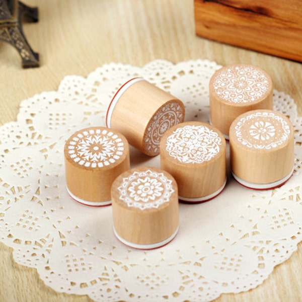 LACE Round Wooden Stamps - Set of 6, Flower, Elaborate, Elegant, Beautiful, Korean, Snowflake, Floral, Curly, Points, Cylinder