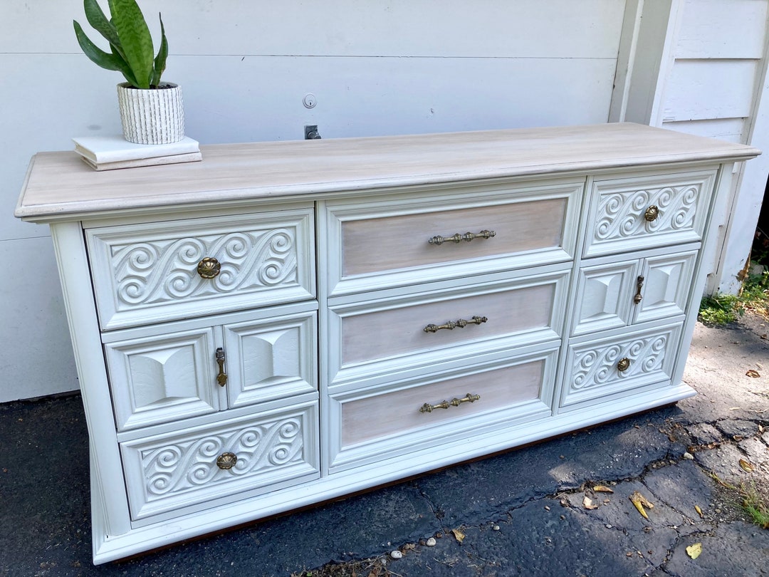 SOLD White Vintage Bedroom Dresser With Gold Hardware Etsy