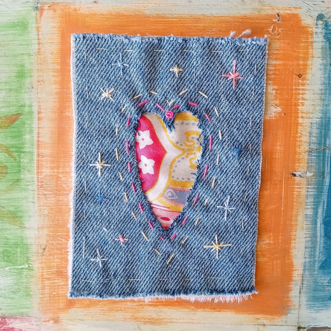 Heart Patch , Recycled Fabric Patch , Hand Made Patch , Slow Stitch