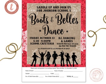 Editable Country Western Dance Flyer Tear Off - School Community Fundraiser - Daddy Daughter Dance - Invitation Boots and Belles