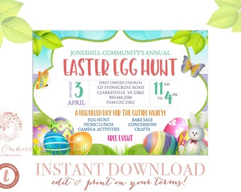 Easter Egg Hunt Invitation Flyer Poster / INSTANT DOWNLOAD / Template Church School Community Goods Sale Flyer / Picnic Spring Easter Bunny