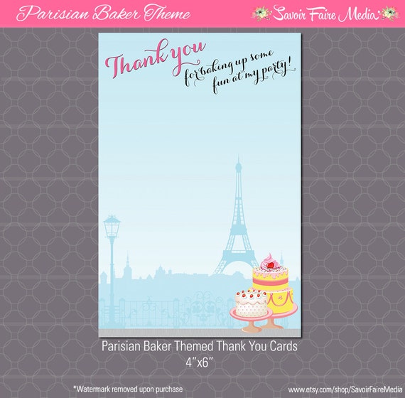 Paris Bakery Themed Party Thank You Card - French Birthday Party - Girls baking printable - Parisian Theme Il_570xn