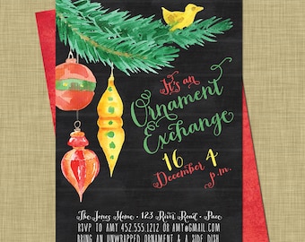 Christmas Ornament Exchange Invitation // Christmas White Elephant Party / Modern Holiday Swap / Modern Chalkboard / Bright Gifts Ornaments