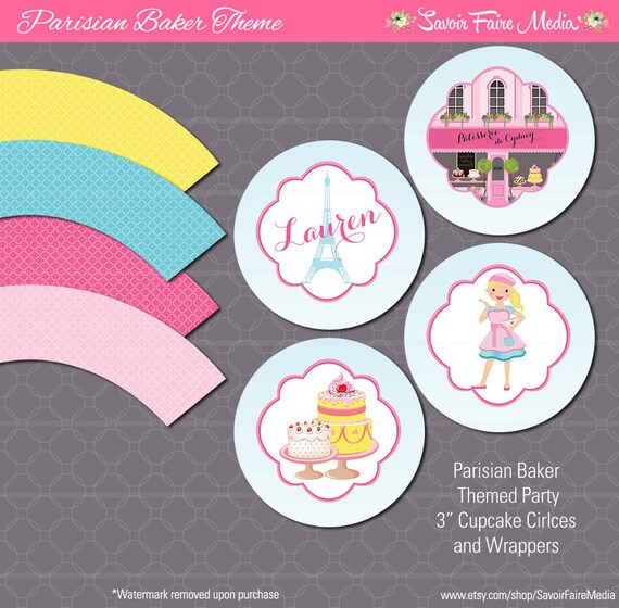 Paris Bakery Themed Party Cupcake Circles and Wrappers French Birthday Party Girls baking printable Parisian Bakery Cupcake Decorating Cake Il_570xn