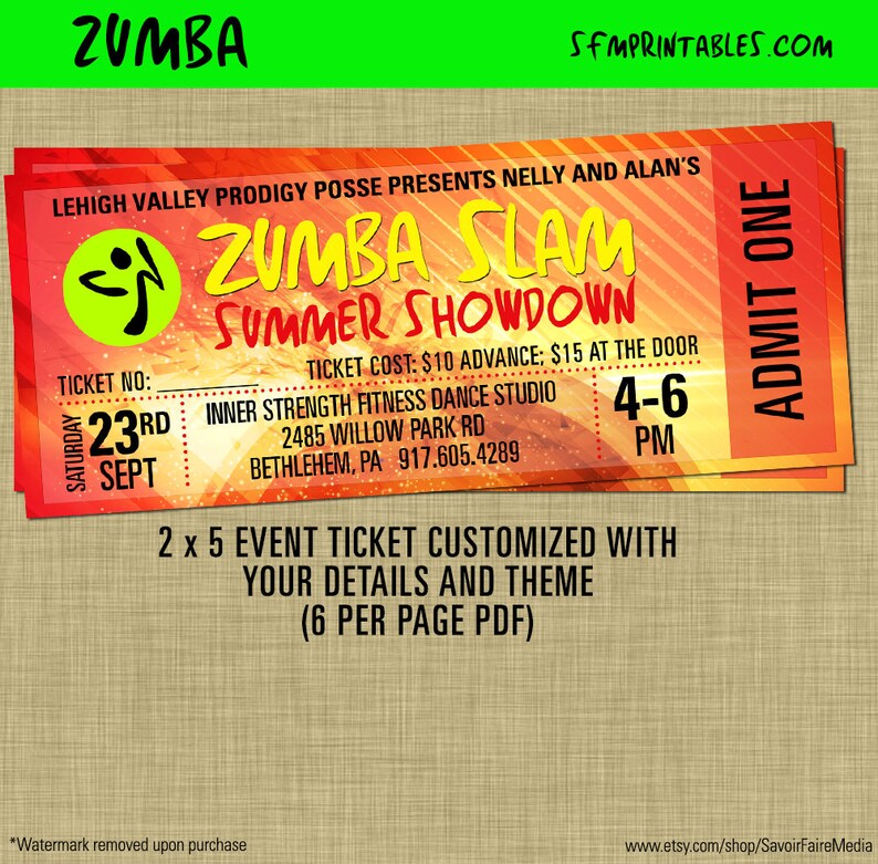 Custom Zumba Slam Tickets Zumba Fitness Event Glow Etsy