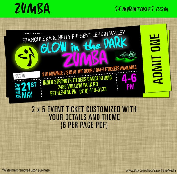 Custom Zumba Slam Tickets Zumba Fitness Event Glow Fundraiser Studio
