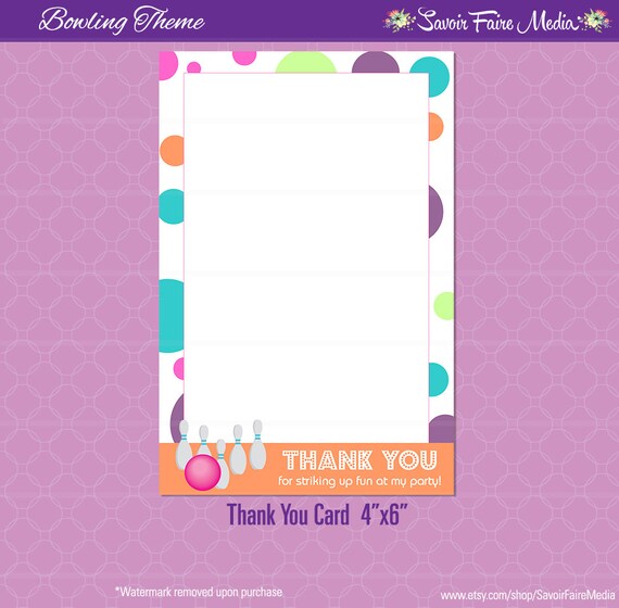 Instant Download Bowling Party Thank You Card - Girls Glow Birthday Invitation - Bowl Pins Lane printable - Alley Birthday Party Il_570xn