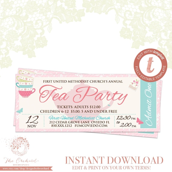 Tea Party Social Event Ticket Template Church School Community Fundraiser Brunch Women's Ministry High Tea Coffee Hat Teacup Mother's Day Il_570xn