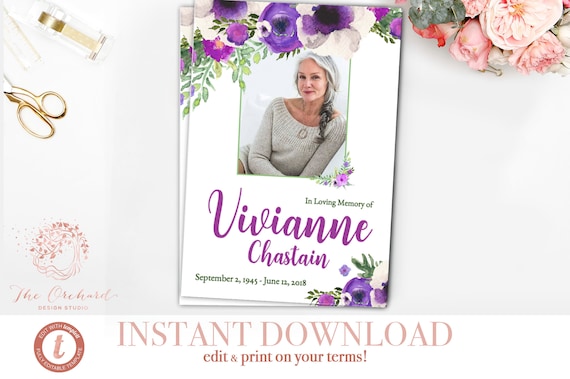 Funeral Memorial Order of Service Program INSTANT DOWNLOAD - Violet Watercolor A4 Program Burial Interment - Floral Women Female - Templett Il_570xn