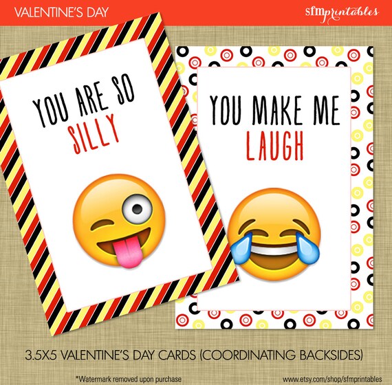 Instant Download! Emoji Valentine's Day Cards - Kids School Valentines Smiley Kissey Tween Teen Heart Face Emoji Chevron Hearts Black Red Il_570xn