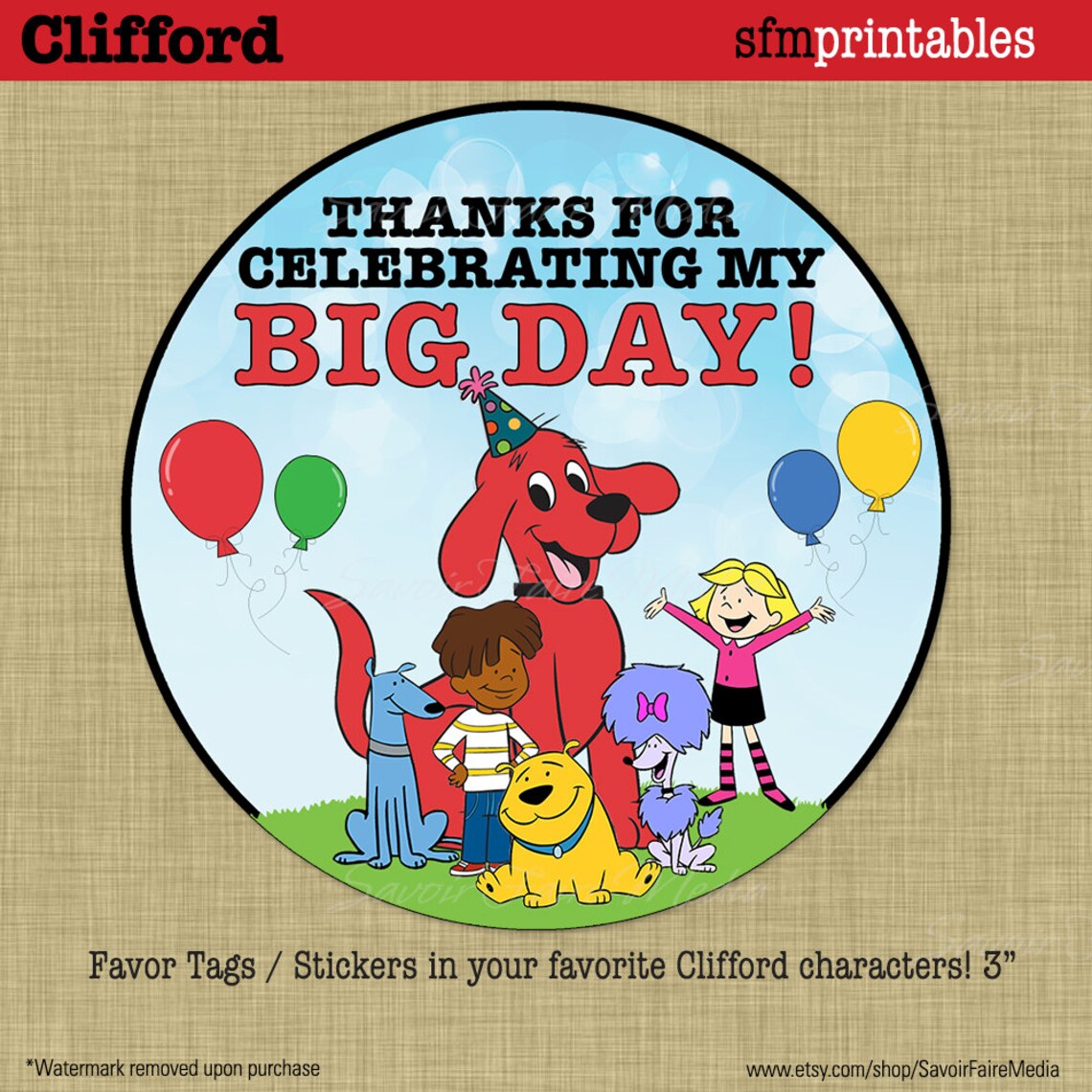 Clifford Birthday Party Favor Tags Circle Stickers Big Red | Etsy