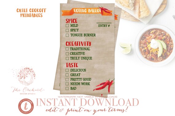 Chili Cook-off Voting Ballot Score Sheet / INSTANT EDITABLE DOWNLOAD / Chili Cookoff Fall Chalkboard Template Church Community Fundraiser Il_570xn