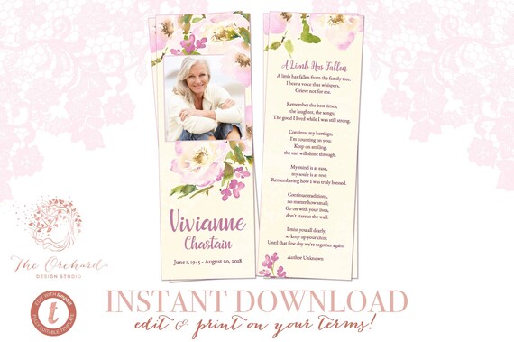 Funeral Bookmark INSTANT DOWNLOAD / Printable Watercolor Memorial Keepsake / Pink Rose Flowers Female Woman Bookmark Templett Womens Il_570xn