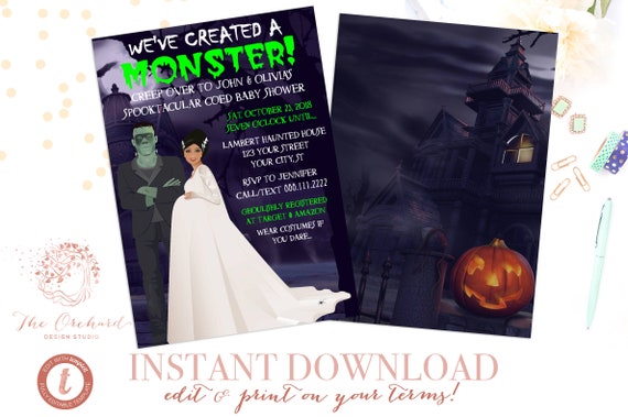 Halloween Baby Shower Invitations / Couples Shower Monster Spooktacular Frankenstein Baby Mommy Fall Themed Hispanic Medium Skinned Baby Il_570xn