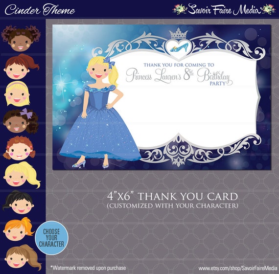 Cinderella Inspired Thank You Card - Princess Birthday Party - Girls Cinderella inspired printable - Blue Princess Girl Birthday Invitation Il_570xn