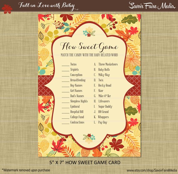 Instant Download Fall Baby Shower How Sweet Game Printable Bundle