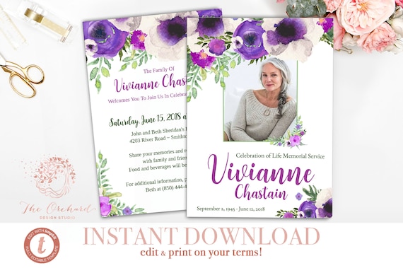 Funeral Announcement Invitation / INSTANT DOWNLOAD / Printable Flowers Floral Womens Female Watercolor Memorial Celebration of Life Notice Il_570xn