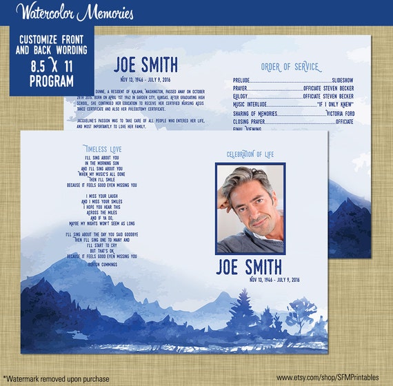 Masculine Funeral Memorial Order of Service Program - Mountains Nature Watercolor Mens, Trees, Funeral Memorial Man's Template Il_570xn