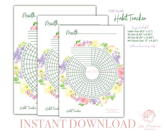 Circular Habit Tracker Planner Insert / INSTANT DOWNLOAD / Floral Colorful Feminine Paper Printable Classic A4 A5 Letter Size Habit Tracker Il_570xn