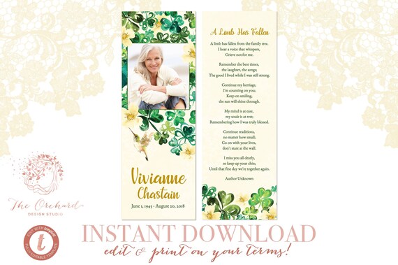 Funeral Bookmark INSTANT DOWNLOAD / Printable Watercolor Memorial Keepsake / Irish Shamrock Celtic Female Woman Bookmark Templett Womens Il_570xn