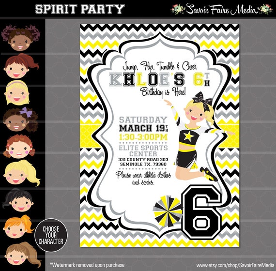 Cheerleading Invitation - Cheerleader Cheer Invite Birthday Party - Girl Birthday Invitation - Sports - Cheer Party - Grey Black Yellow Il_570xn