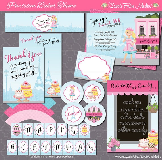 Paris Bakery Themed Party Invitation Bundle - French Birthday Party - Girls baking printable - Parisian Theme Il_570xn