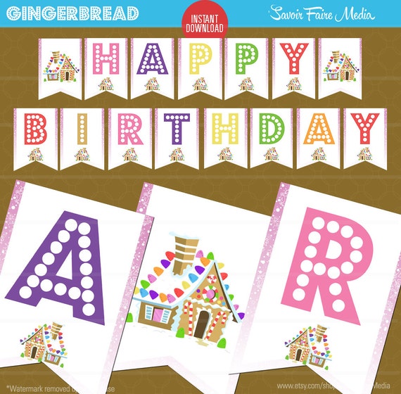 Instant Download! Gingerbread Party Pennant Banner - Happy Birthday Banner - Winter Holiday Birthday - Gumdrops Gingerbread Chalkboard Pink Il_570xn