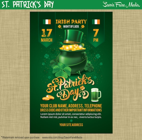 St. Patrick's Day Flyer Poster Template Church School Community Fundraiser Marketing Invitation Irish Green Party Saint Patricks Day Irish Il_570xn