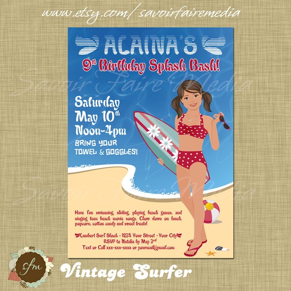 Surfer Girl Retro Pool Party Invitation Red Bathing Suit Teen Beach Movie Inspired Brunette Il_570xn